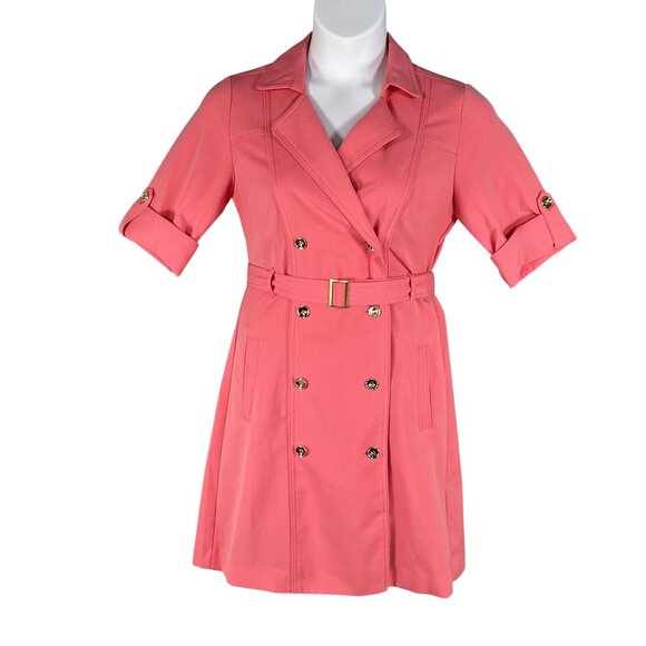 Sharagano 10 Coral Double Breasted Shirt Dress Pockets Belt Tab Sleeves Office - Picture 1 of 16